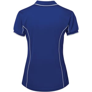 A women's polo shirt in blue, featuring white piping along the seams and a logo on the back.
