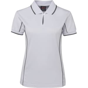A light grey polo shirt with contrasting piping and a collar, featuring a logo on the front.