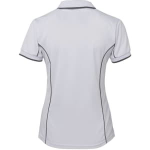 A white polo shirt with grey piping details at the collar and sleeves, featuring a logo on the back.