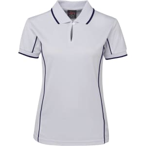 A white women's polo shirt featuring navy piping and a collar, with a logo on the label.