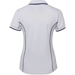A white ladies' polo shirt featuring navy piping along the edges and a branded logo.