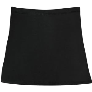A black skort with a fitted waist and flared hem, featuring a logo on one side.