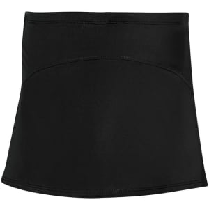 A black skort with a fitted design and a smooth finish, featuring a logo on the waistband.