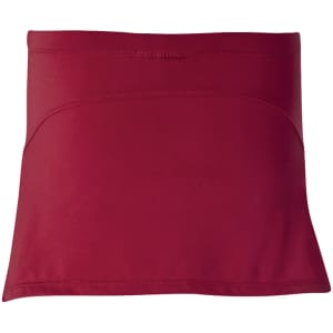 A maroon skort with a fitted waistband and a flared hem. It features a logo on the fabric.