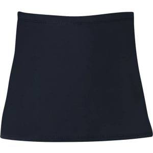 A black skort with a flared design and elastic waistband. It features a logo on the waistband.
