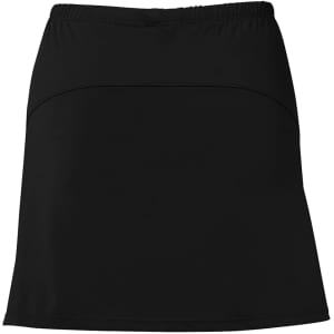 A black skort designed for ladies, featuring a fitted waistband and a sporty style. It includes a logo detail.