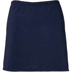 A navy skort with an elastic waistband and a simple design, featuring a logo.
