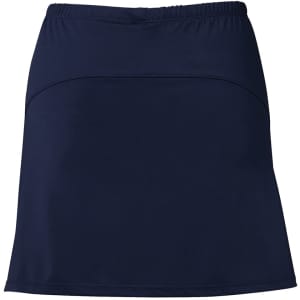 A navy skort featuring a comfortable waistband and simple design, suitable for active wear. It includes a logo.