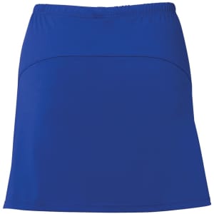 A blue skort with a stretchy waistband and a smooth finish, featuring a subtle logo.