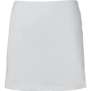 A light grey skort with a smooth finish, featuring a logo on the waistband.
