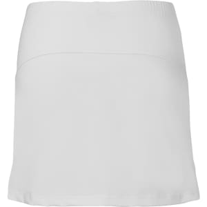 A white skort with a smooth design and an elastic waistband, featuring a subtle logo.