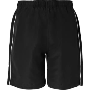 A pair of navy dress shorts with white detailing and an elastic waistband. Features a logo on the garment.