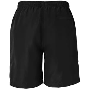 Navy dress shorts with a simple design, featuring an elastic waistband and a back pocket. Has a branding logo.