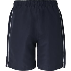 Dress shorts in navy with white piping, featuring an elastic waistband and a simple logo.