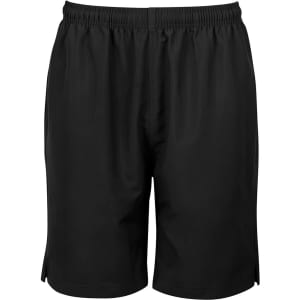 Black sports shorts with an elastic waistband and side slits, featuring a logo on the front.