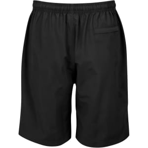 Black sports shorts with an elastic waistband and a small back pocket, featuring a logo.