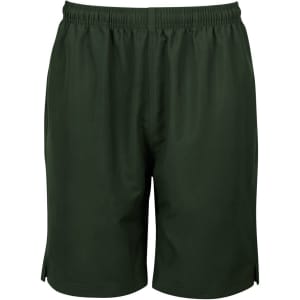 Dark green sports shorts with an elastic waistband and side slits at the hem. Features a logo.