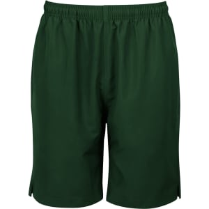 Green sports shorts with an elastic waistband and side slits, featuring a branding logo.