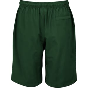 Green sports shorts with an elastic waistband and a back pocket, featuring a simple design and branding.