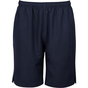 Navy sports shorts with an elastic waistband and side slits, featuring a branding logo.