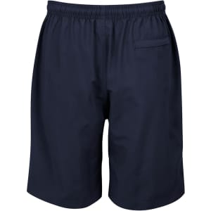Navy sports shorts featuring an elastic waistband and a back pocket. The shorts have a simple design and a branded logo.