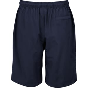 Dark navy sports shorts with an elastic waistband and a small back pocket. Features a logo.