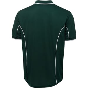 A dark green polo shirt featuring white piping details along the seams and a collar. It has a logo on the side.