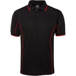 A black polo shirt with red piping details and a collar, featuring a buttoned placket and a logo.