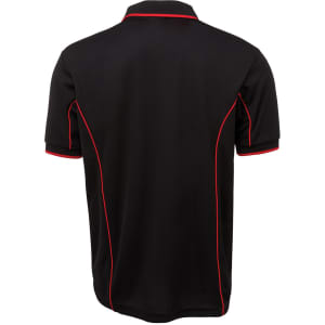 A black polo shirt with red piping detailing and a logo on the chest.