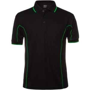 A black polo shirt featuring green piping and a collar, with a logo on the chest area.