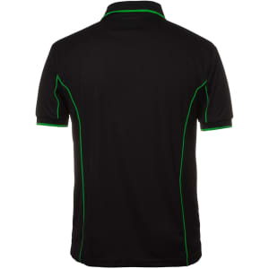 A black polo shirt with green piping details and a logo on the back.