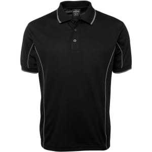 A black polo shirt with piping details and a collar, featuring a logo on the front.