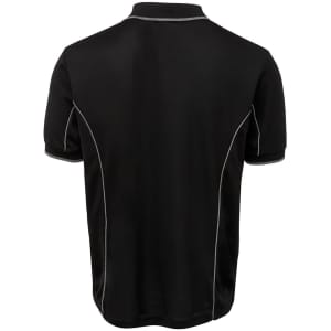 A black polo shirt featuring grey piping along the seams and a logo on the back.
