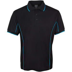 A black polo shirt with blue piping and a collar, featuring a logo on the label.
