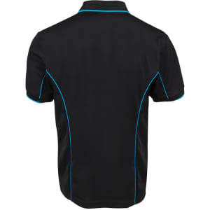 A black polo shirt featuring blue piping along the seams and a logo on the front.