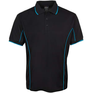A black polo shirt with blue piping, featuring a collar and buttons, and includes a branding logo.