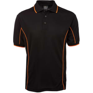 A black polo shirt with orange piping, featuring a collar and three buttons. It has a branding logo on the chest.