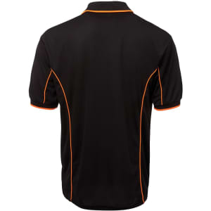 A black polo shirt with orange piping along the seams and a logo on the back.