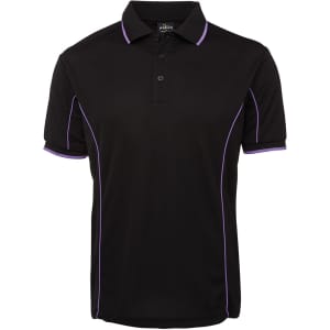A black polo shirt featuring purple piping details and a three-button placket. It has a logo on the collar.