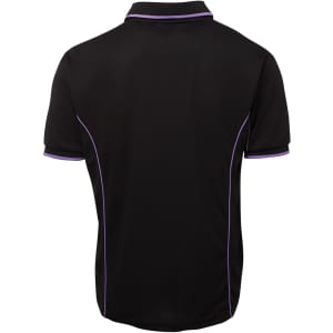 A black polo shirt featuring purple piping along the seams and a logo on the chest.