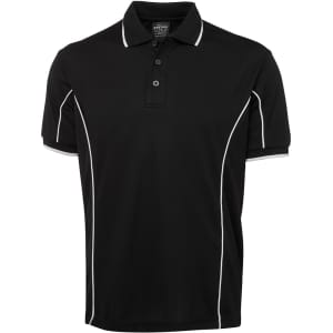 A black polo shirt with white piping details and a three-button collar. It features a logo on the chest.