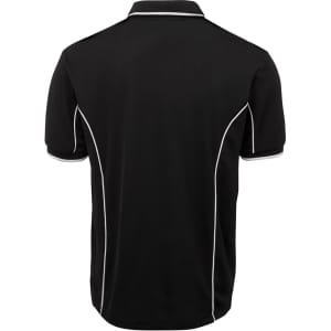 A black polo shirt featuring white piping along the seams and a back view. There is a logo on the collar.