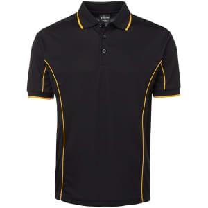 A black polo shirt with yellow piping, featuring a collar and a button placket, and a branded logo.