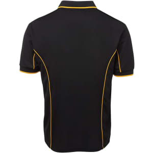 A black polo shirt featuring yellow piping along the seams and a logo on the front.