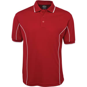 A red polo shirt featuring white piping, with a collar and buttoned placket, and includes a branding logo.
