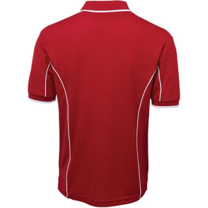 A red polo shirt with white piping, featuring a collar and short sleeves. The shirt has a branding logo.