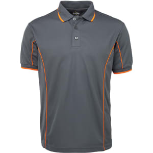 A grey polo shirt featuring orange piping, with a collar and a button placket, and a logo on the chest.