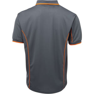 A grey polo shirt with orange piping details and a logo on the chest. Back view displayed.