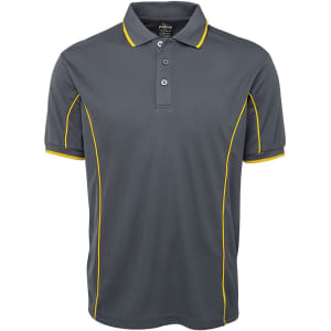 A grey polo shirt with yellow piping, featuring a collar and three buttons, and includes a logo.