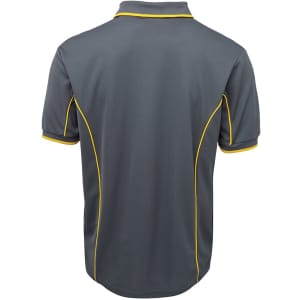 A grey polo shirt with yellow piping details, featuring a collar and short sleeves. It has a logo on the front.